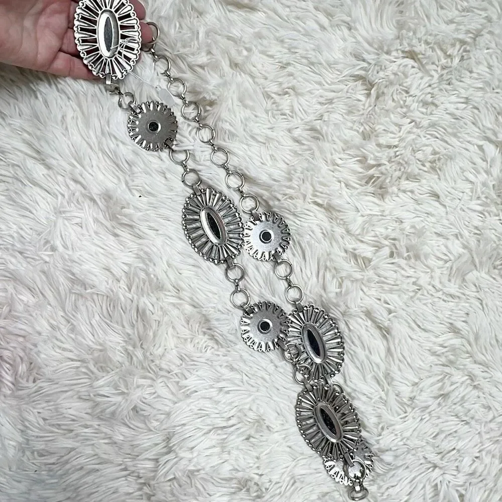 Western Concho Belt Black Stone Chain Belt Silver